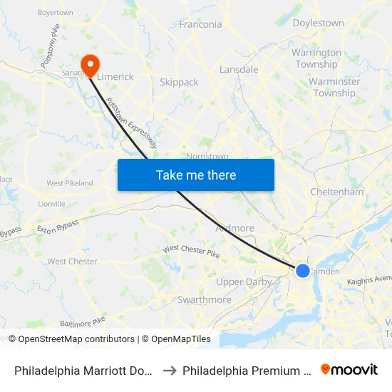Philadelphia Marriott Downtown to Philadelphia Premium Outlets map