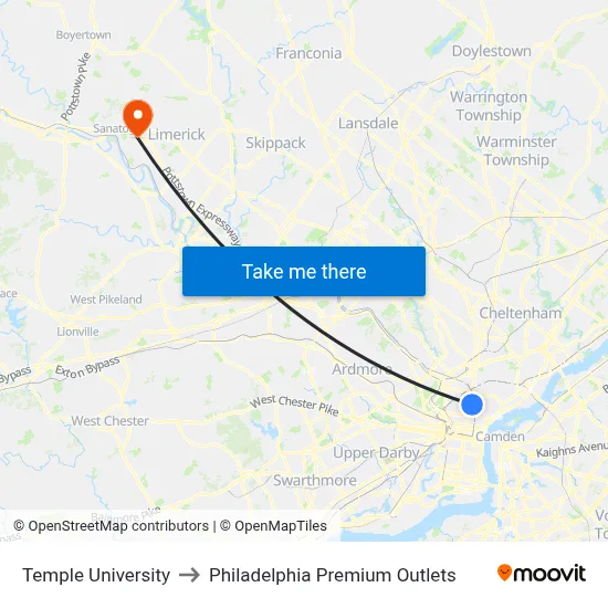Temple University to Philadelphia Premium Outlets map