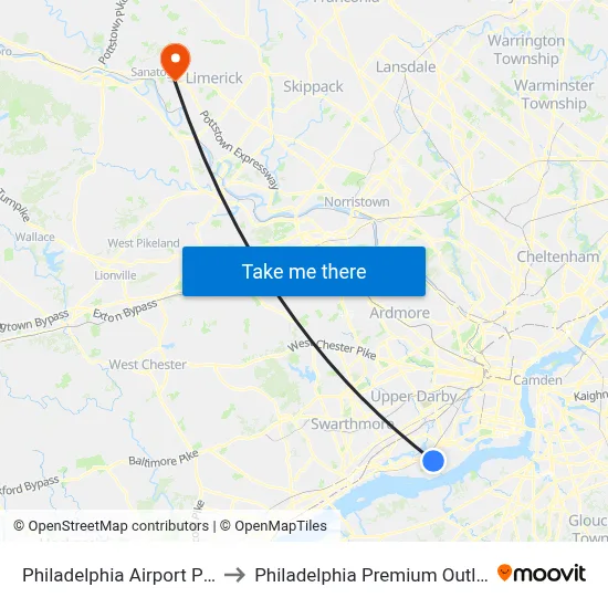 Philadelphia Airport PHL to Philadelphia Premium Outlets map