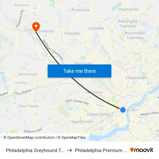 Philadelphia Greyhound Terminal to Philadelphia Premium Outlets map
