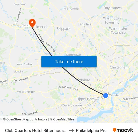 Club Quarters Hotel Rittenhouse Square Philadelphia to Philadelphia Premium Outlets map