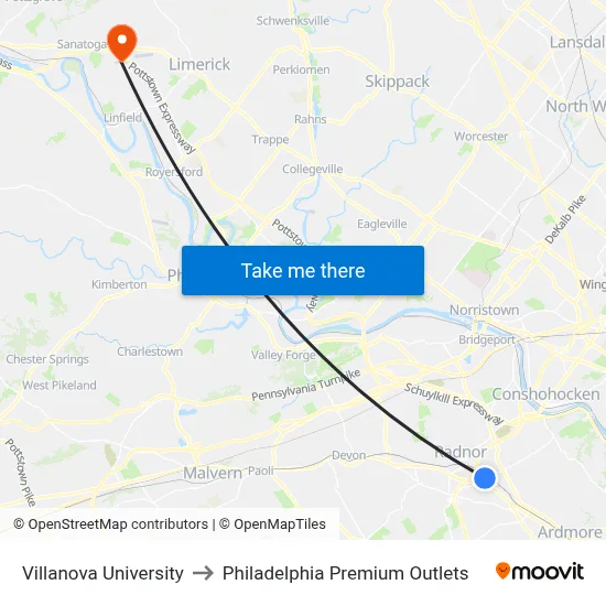 Villanova University, 299 N Spring Mill Rd to Philadelphia Premium Outlets map