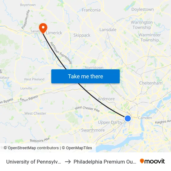 University of Pennsylvania to Philadelphia Premium Outlets map