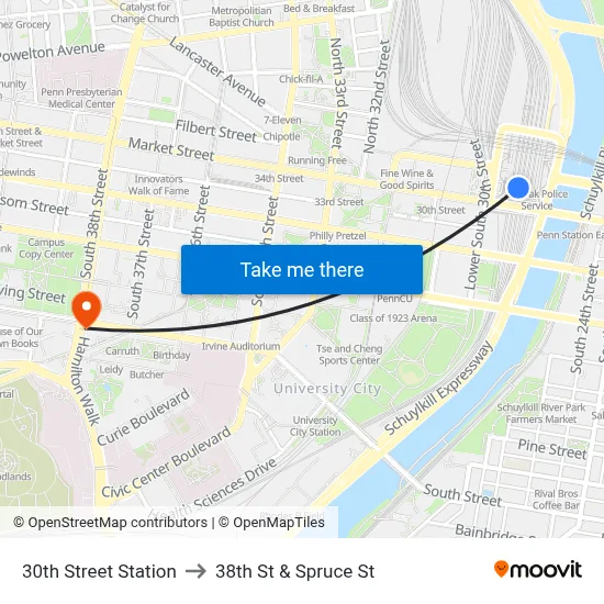 30th Street Station to 38th St & Spruce St map
