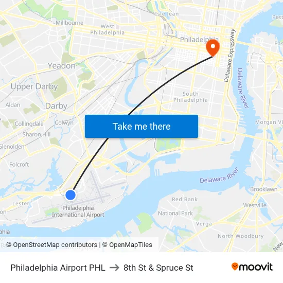 Philadelphia Airport PHL to 8th St & Spruce St map