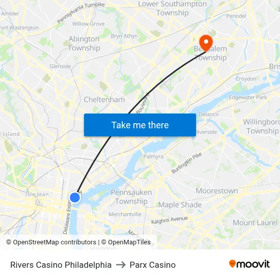 Rivers Casino Philadelphia to Parx Casino map