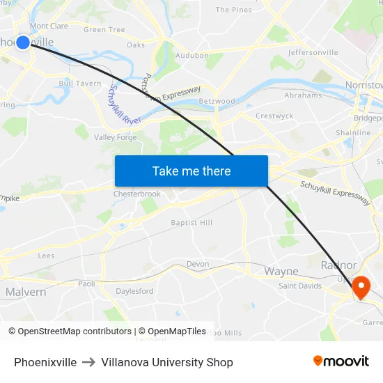 Phoenixville to Villanova University Shop map