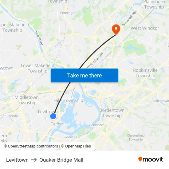 Levittown to Quaker Bridge Mall map