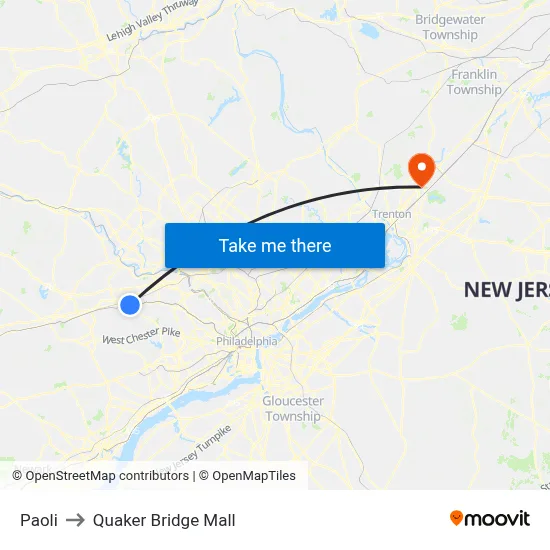 Paoli to Quaker Bridge Mall map