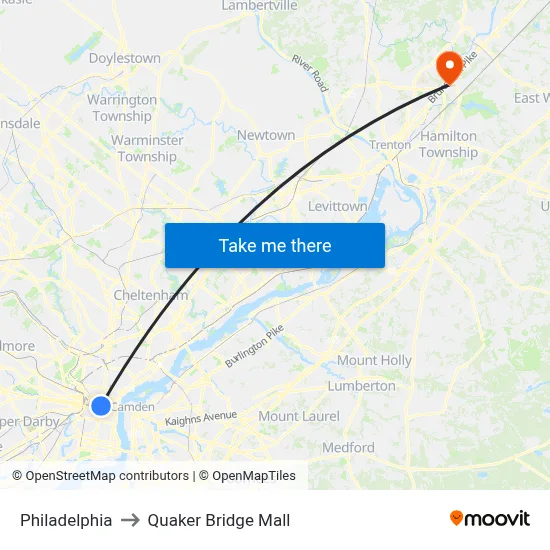 Philadelphia to Quaker Bridge Mall map