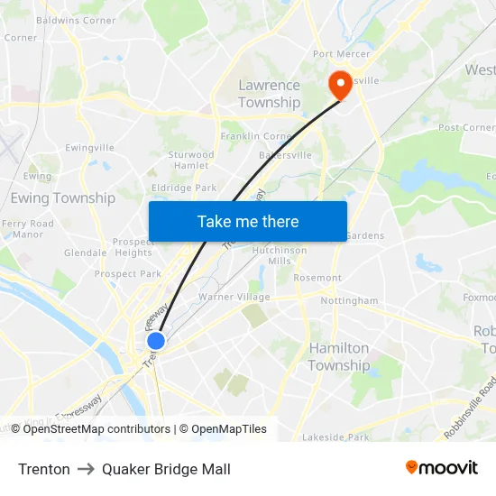 Trenton to Quaker Bridge Mall map