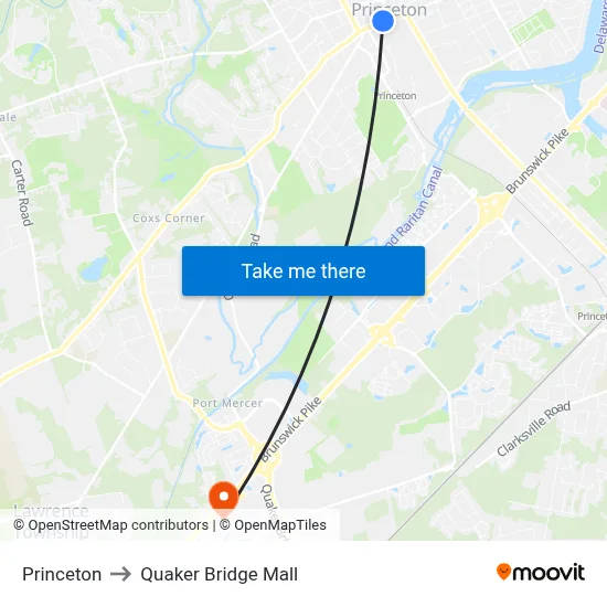 Princeton to Quaker Bridge Mall map