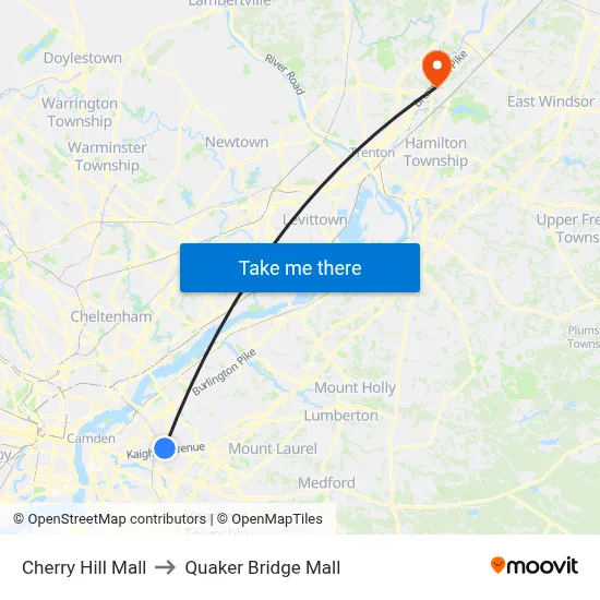 Cherry Hill Mall to Quaker Bridge Mall map