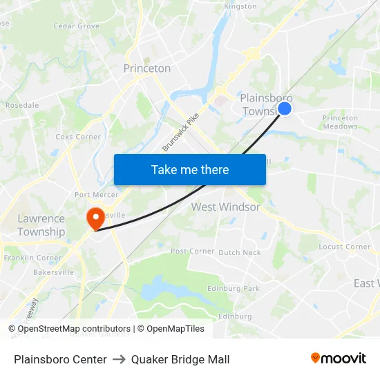 Plainsboro Center to Quaker Bridge Mall map