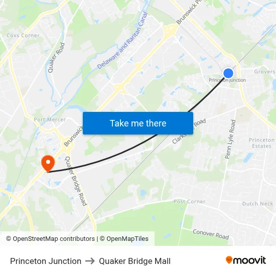 Princeton Junction to Quaker Bridge Mall map