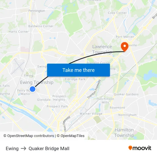Ewing to Quaker Bridge Mall map