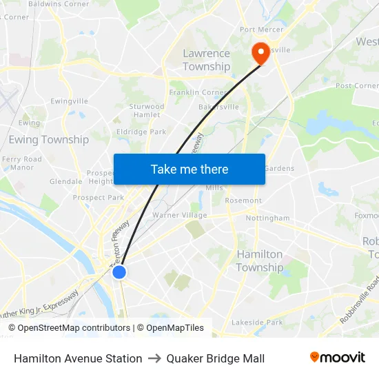 Hamilton Avenue Station to Quaker Bridge Mall map