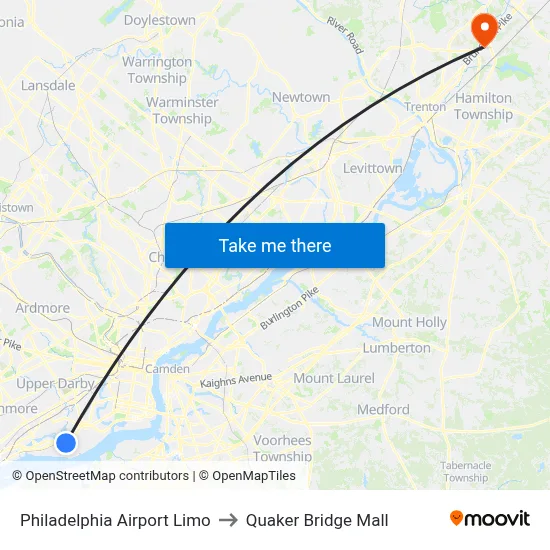 Philadelphia Airport Limo to Quaker Bridge Mall map
