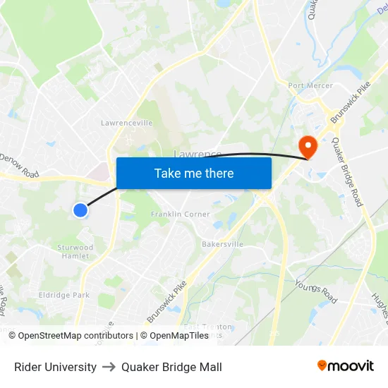 Rider University to Quaker Bridge Mall map