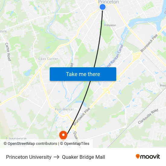 Princeton University to Quaker Bridge Mall map