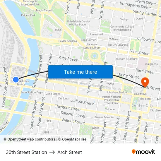 30th Street Station to Arch Street map
