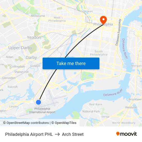 Philadelphia Airport PHL to Arch Street map
