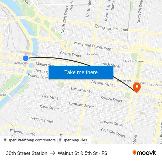 30th Street Station to Walnut St & 5th St - FS map