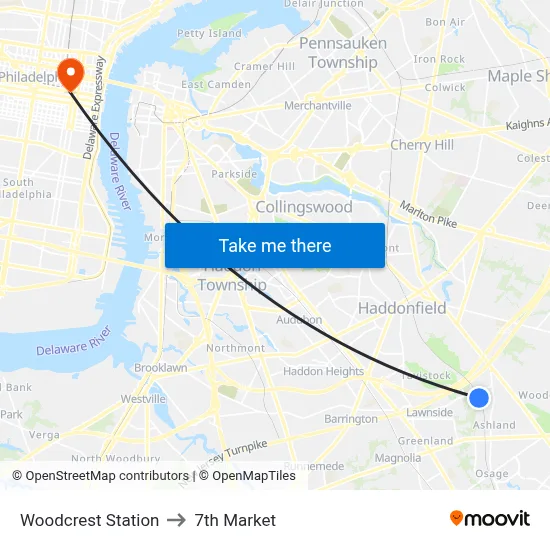 Woodcrest Station to 7th Market map