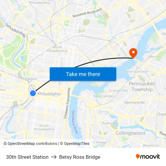 30th Street Station to Betsy Ross Bridge map