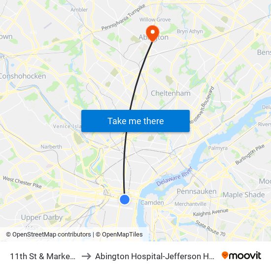 11th St & Market St to Abington Hospital-Jefferson Health map