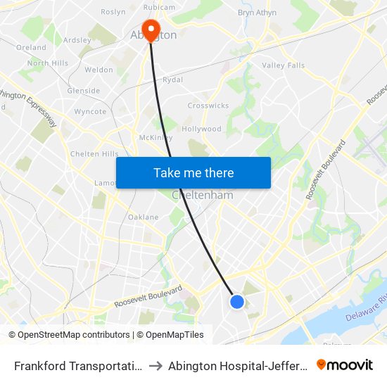 Frankford Transportation Center to Abington Hospital-Jefferson Health map