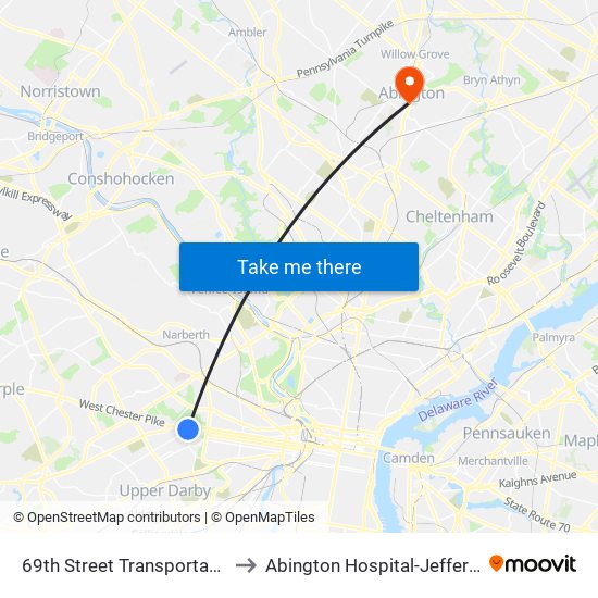 69th Street Transportation Center to Abington Hospital-Jefferson Health map
