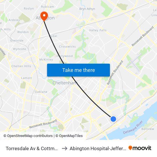 Torresdale Av & Cottman Av Loop to Abington Hospital-Jefferson Health map