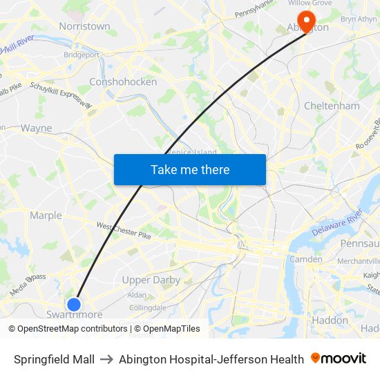 Springfield Mall to Abington Hospital-Jefferson Health map