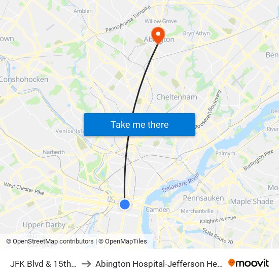 JFK Blvd & 15th St to Abington Hospital-Jefferson Health map