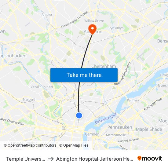 Temple University to Abington Hospital-Jefferson Health map