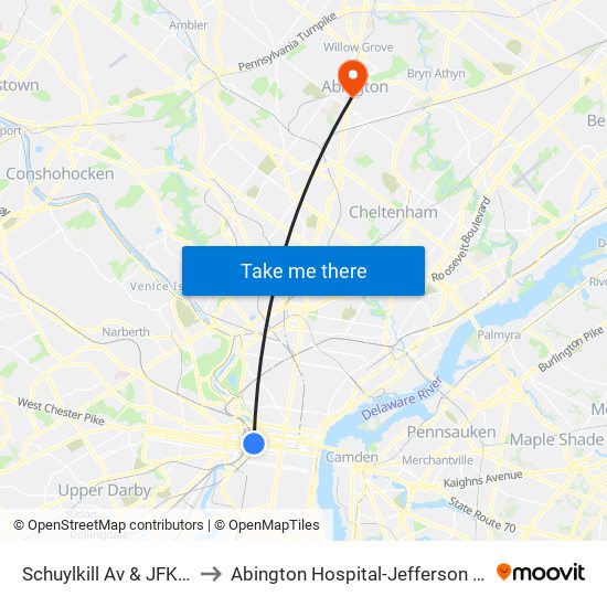 Schuylkill Av & JFK Blvd to Abington Hospital-Jefferson Health map