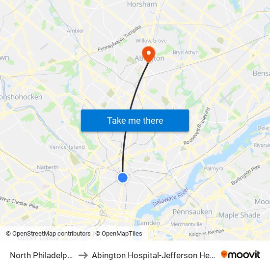 North Philadelphia to Abington Hospital-Jefferson Health map