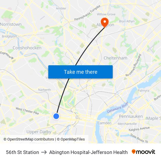 56th St Station to Abington Hospital-Jefferson Health map