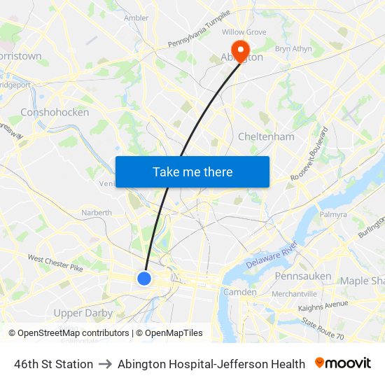 46th St Station to Abington Hospital-Jefferson Health map