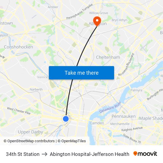 34th St Station to Abington Hospital-Jefferson Health map