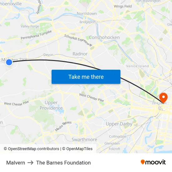 Malvern to The Barnes Foundation map