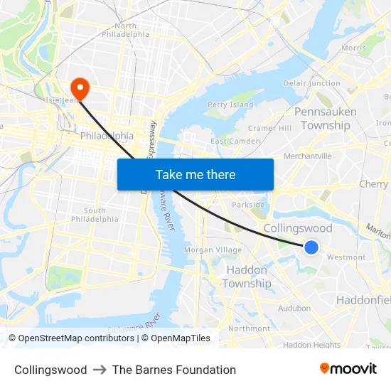 Collingswood to The Barnes Foundation map