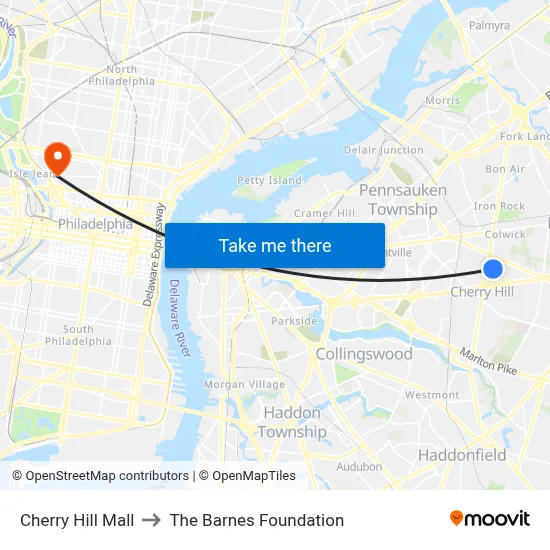 Cherry Hill Mall to The Barnes Foundation map