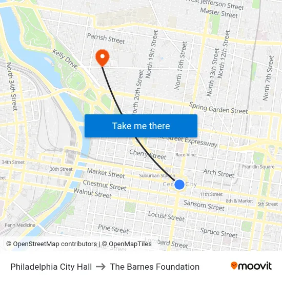 Philadelphia City Hall to The Barnes Foundation map