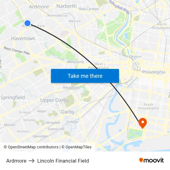 Ardmore to Lincoln Financial Field map