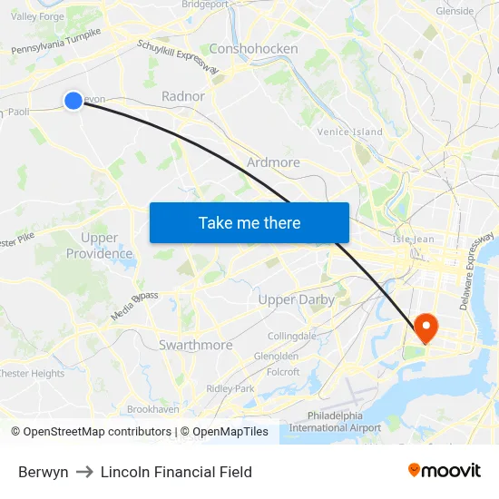 Berwyn to Lincoln Financial Field map