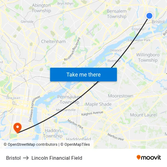 Bristol to Lincoln Financial Field map