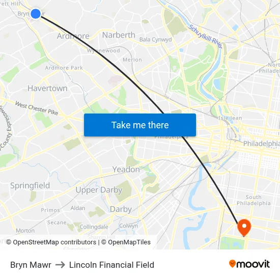 Bryn Mawr to Lincoln Financial Field map