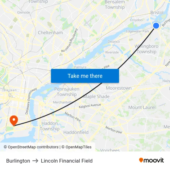 Burlington to Lincoln Financial Field map
